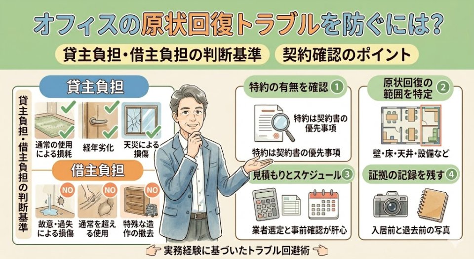 オフィスの原状回復トラブルを防ぐには?貸主負担・借主負担の判断基準と契約確認のポイントを解説
