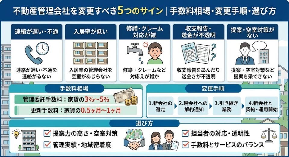 不動産管理会社を変更すべき5つのサイン|手数料相場・変更手順・選び方