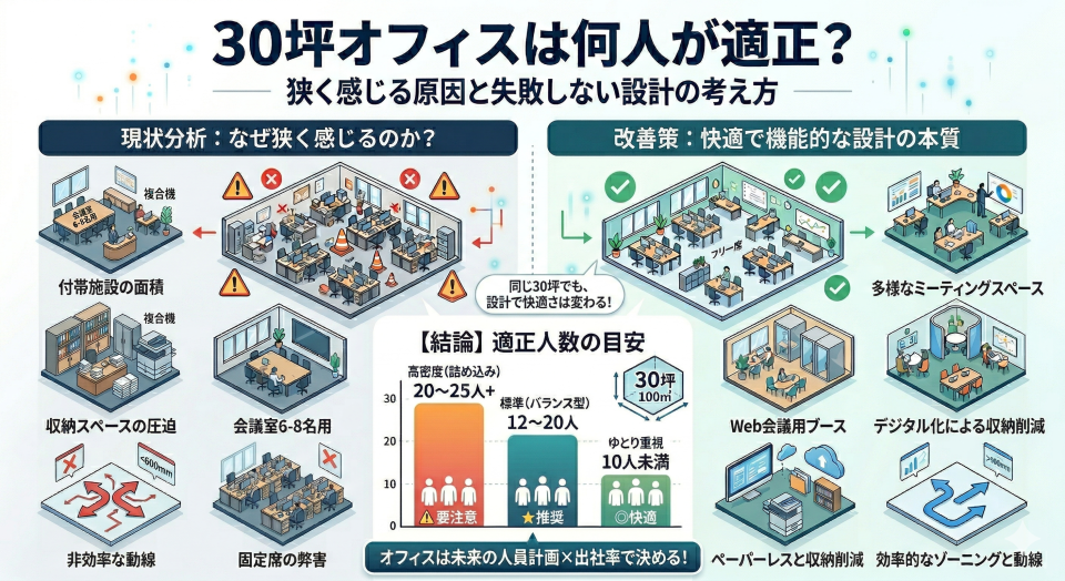 30坪オフィスは何人が適正?狭く感じる原因と失敗しない設計の考え方