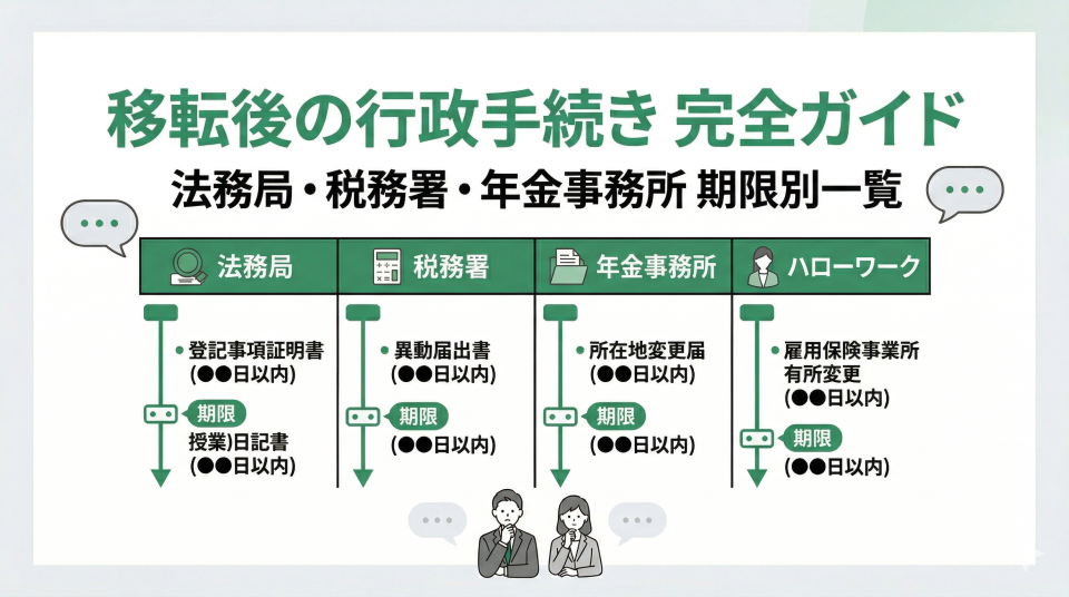 オフィス移転後に必要な行政手続き完全ガイド|法務局・税務署・年金事務所など期限別一覧